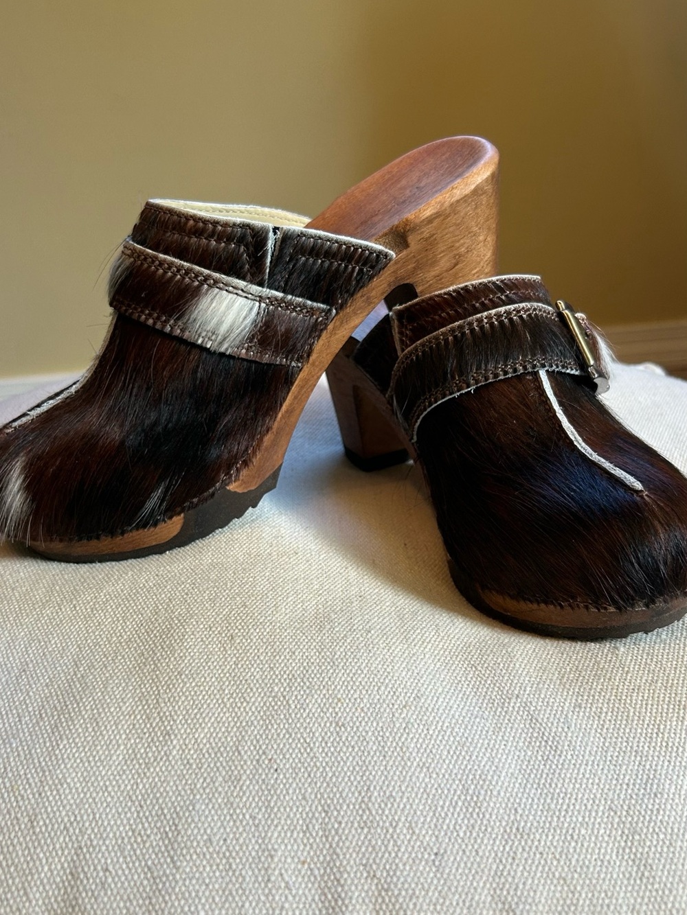 Hair-On Leather Brown Wooden Clog Mules with Buckle